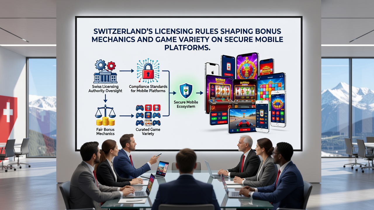 Mobile game interfaces displaying licensed Swiss casino titles and bonus options